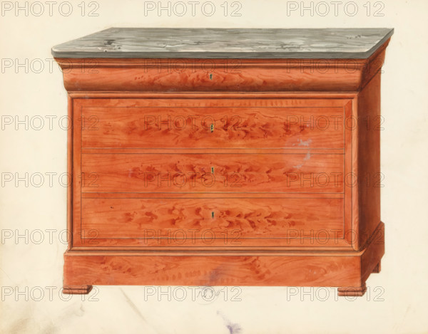 Design for a secretary desk, drawing, album page, commode with marble top, in closed state. The