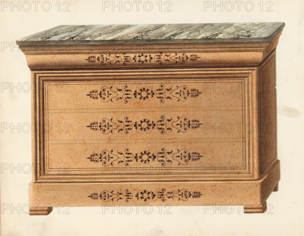 Design for a secretary desk, drawing, album page, commode with a marble top in mahogany (and