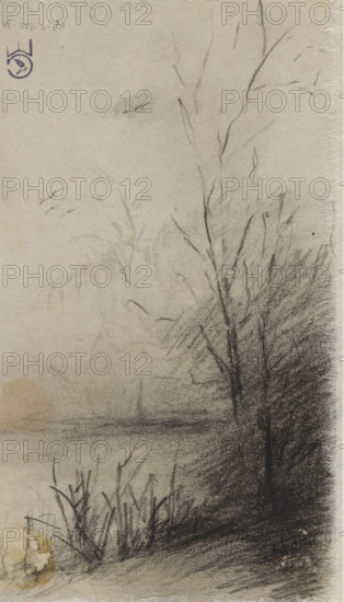 Landscape with trees along a waterfront, drawing, draftsman (artist): Johannes Gijsbert Vogel, c.