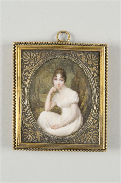 Daniel Saint, "La reine Hortense, en robe blanche, assise"
