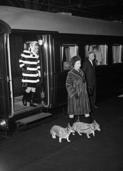 La princesse Anne et la reine Elisabeth II avec ses deux corgis