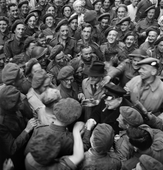 British Prime Minister Winston Churchill pictured on his visit to Normandy in Northern France, six