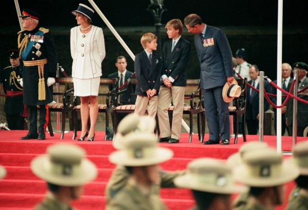 Diana, Princess of Wales, Prince Harry, Prince William and Prince Charles, Prince of Wales attend a