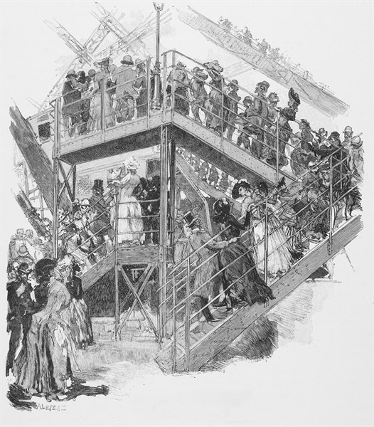Exposition de 1889 : la queue à l'ascenseur de la Tour Eiffel