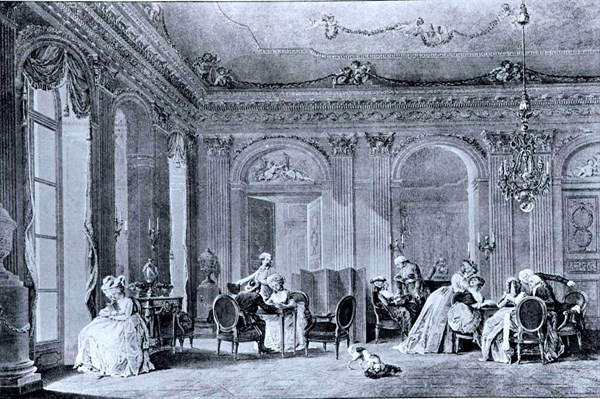 Engraving by Dequevauviller from Lavreince, Typical scene