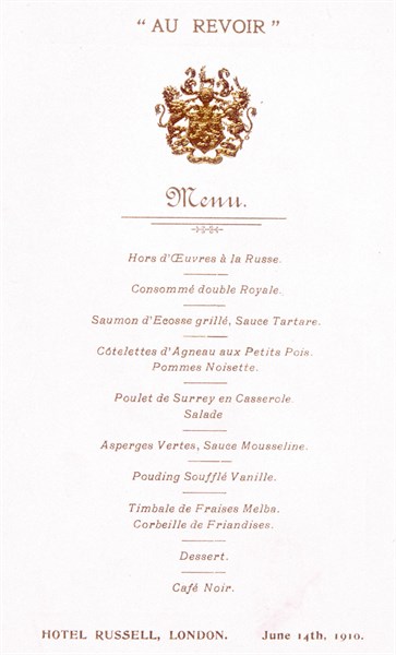 Menu pour un restaurant de Londres