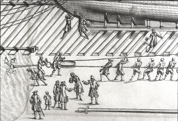 Description géométrique de toutes les pièces qui entrent dans la construction d'une galère, gravure de Debenat