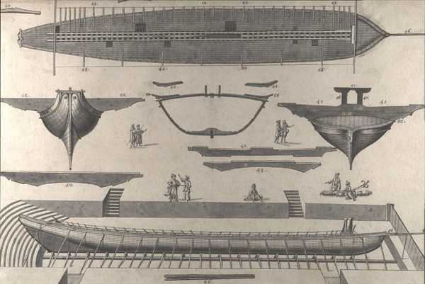 Description géométrique de toutes les pièces qui entrent dans la construction d'une galère, gravure de Debenat