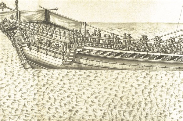 Description géométrique de toutes les pièces qui entrent dans la construction d'une galère, gravure de Debenat