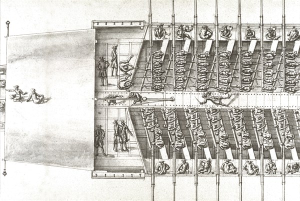Description géométrique de toutes les pièces qui entrent dans la construction d'une galère, gravure de Debenat