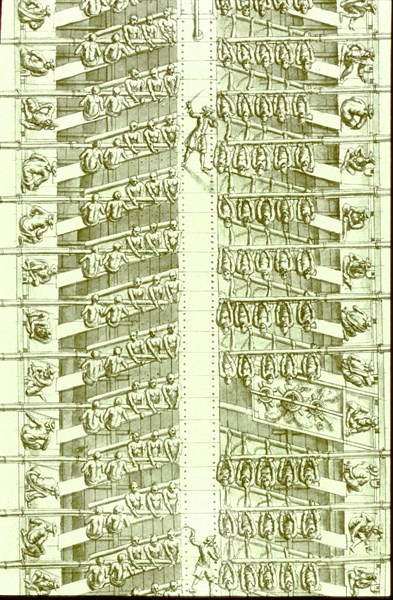 Description géométrique de toutes les pièces qui entrent dans la construction d'une galère, gravure de Debenat