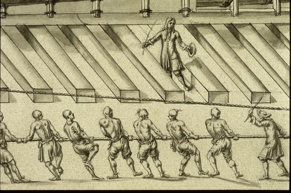 Description géométrique de toutes les pièces qui entrent dans la construction d'une galère, gravure de Debenat