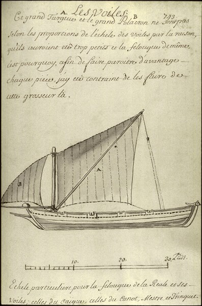 Description géométrique de toutes les pièces qui entrent dans la construction d'une galère, gravure de Debenat