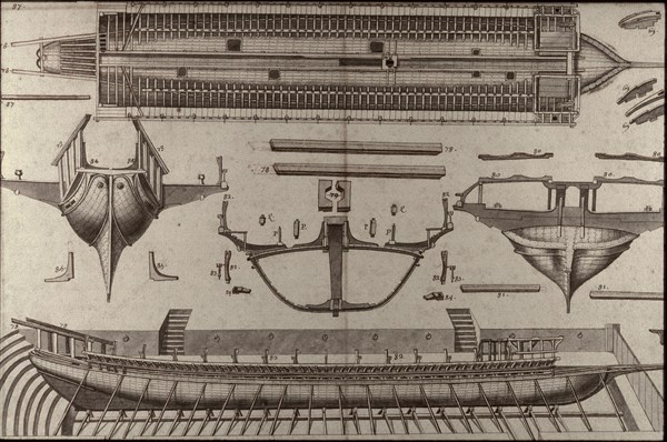 Description géométrique de toutes les pièces qui entrent dans la construction d'une galère, gravure de Debenat