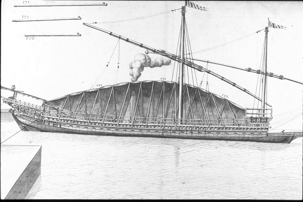 Description géométrique de toutes les pièces qui entrent dans la construction d'une galère, gravure de Debenat