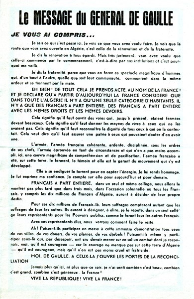 Tract , Message du Général de Gaulle à Alger