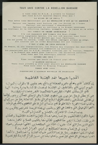 Propaganda tract: "The New Algeria will be French - Everyone united together against the barbarian rebellion"