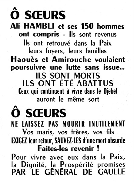 Tract de propagande appelant les fellaga à faire reddition