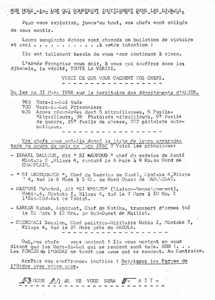 Tract appealing to the fellaghas to surrender to the French army -
