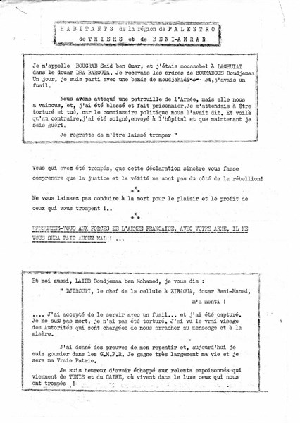 Tract appealing to the fellaghas to surrender to the French army --