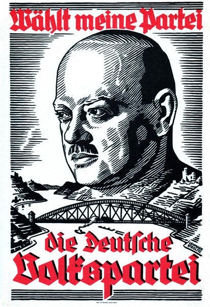 Affiche de propagande symbolisant le traité conclu entre la France et l'Allemagne par Stresemann pour l'évacuation de la Rhénanie.