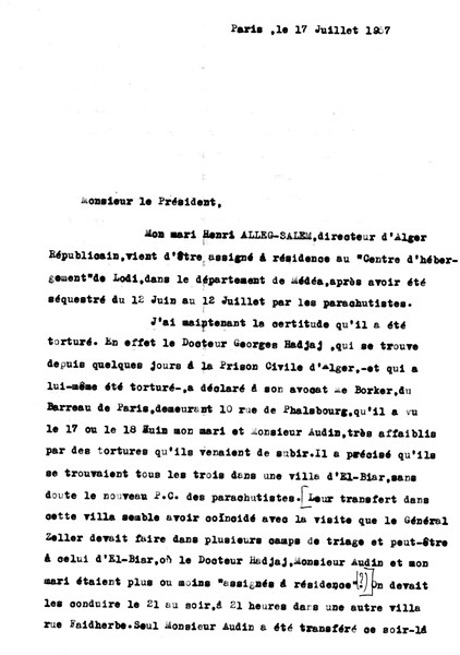 Letter from Giberte Alleg to the President of the French Republic, after the arrest of her husband and Maurice Audin