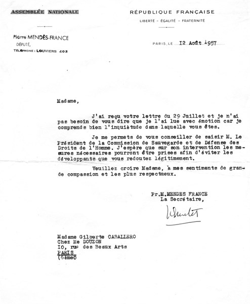 Letter from Mr. Pierre Mendès-France to Mrs. Caballero concerning the imprisonment of her husband