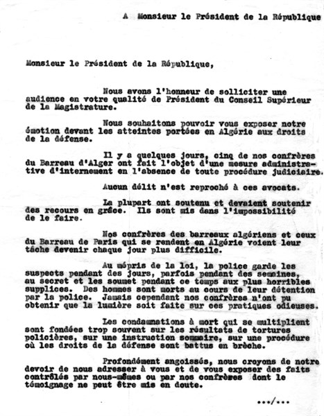 Lettre au Président de la République, écrite par l'avocat Joe Nordmann