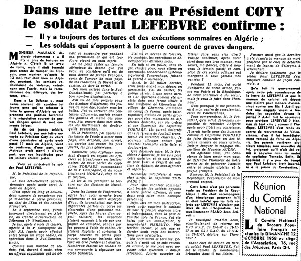 Article dans le journal "La Défense" concernant Paul Lefebvre, soldat insoumis