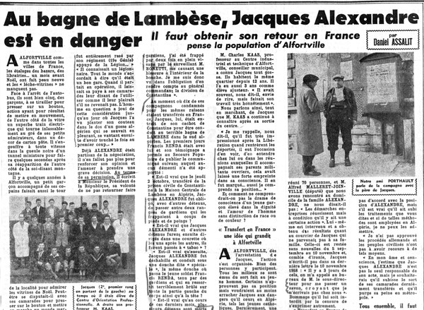 Article dans le journal "La Défense" concernant Jacques Alexandre, soldats insoumis