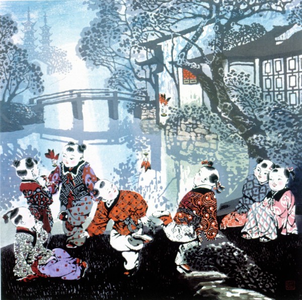Estampe chinoise, enfants en train de jouer