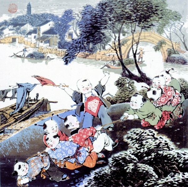 Estampe chinoise, enfants en train de jouer