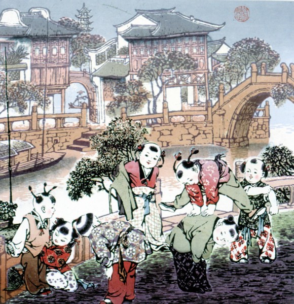 Estampe chinoise, enfants en train de jouer