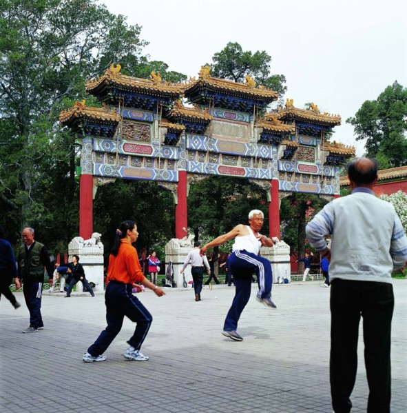 Old people doing morning exercises at the gate of the Jingshan Park?Beijing, China