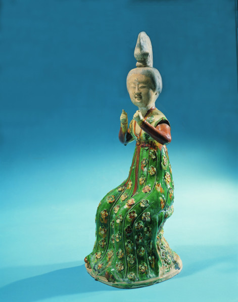 Seated figure of three colored pottery from Wang's Tomb,Xi'an,Shaanxi Province,China
