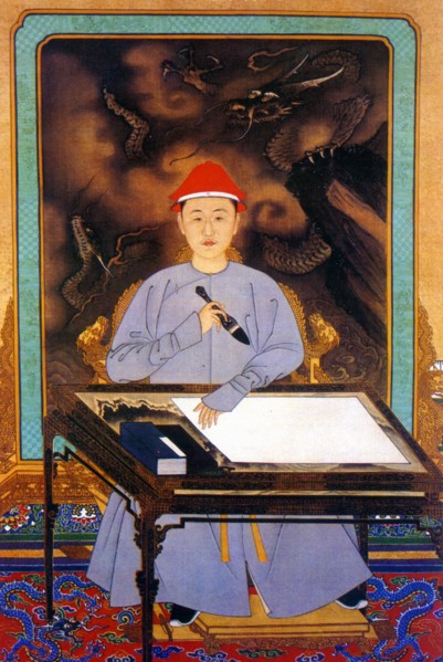 painting of emperor Kangxi in casual dress writing,Qing Dynasty