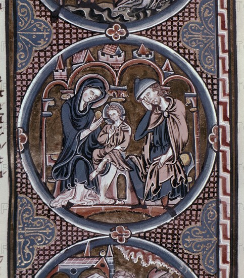 BIBLIA DE SAN LUIS-TOMO I -PAG 11V- ISAAC DE NIÑO- 1226/34-ABRAHAM CON SARA Y SU HIJO