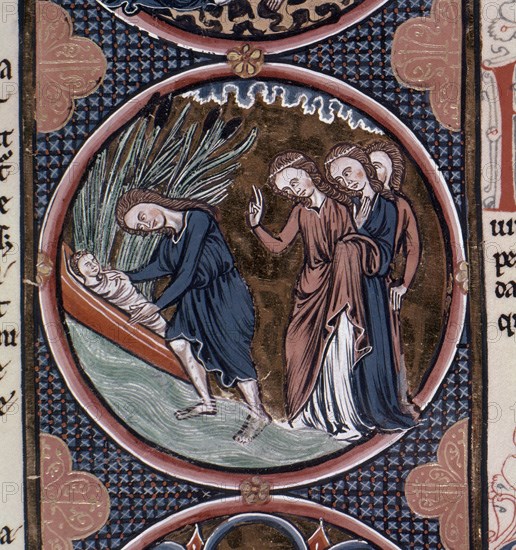 BIBLIA DE S LUIS- TOMO I- PAG 32- LAS HIJA DEL FARAON Y SUS DONCELLAS RECOGEN DE LAS AGUAS A