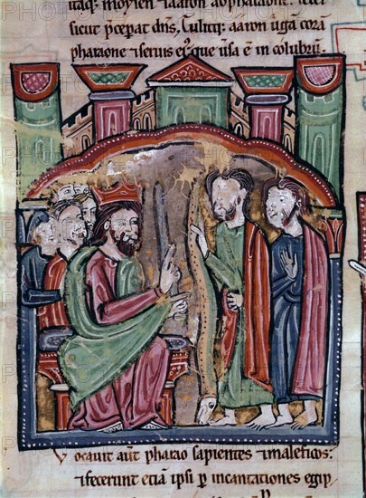 BIBLIA S XIII- TOMO I -MOISES CONVIERTE SU BACULO EN SERPIENTE ANTE EL FARAON-MINIATURA