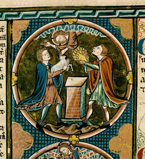 BIBLIA DE SAN LUIS FRANCIA-1226/34- CAIN Y ABEL HACEN SUS OFRENDAS A DIOS -MINIATURA