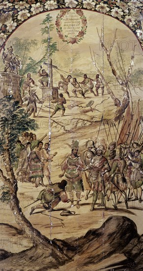 GONZALEZ MIGUEL Y JUAN
CONQUISTA MEXICO-CORTES MANDA PONER LOS GRILLETES A MOCTEZUMA - ENCONCHADO