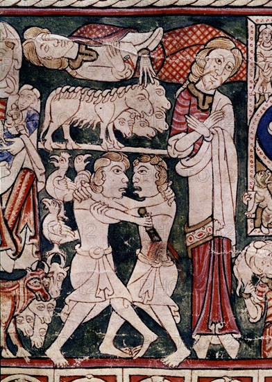 BIBLIA DE BURGOS-FOLIO 12V-DET INFERIOR-CAIN MATA A ABEL-S XII-MINIATURA ROMANICA-ESTILO
