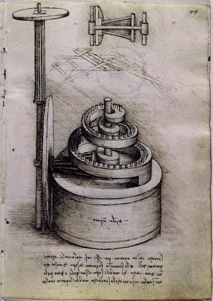VINCI LEONARDO 1452/1519
LIBRO CON DIBUJO DE MAQUINA DE ENGRANAJES DE MECANISMO DE UN