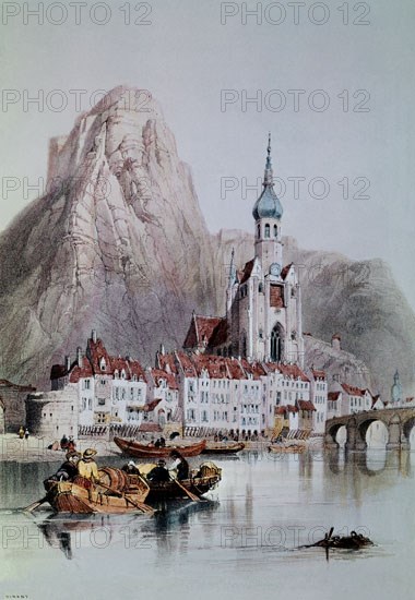 GRABADO- DINANT (BELGICA) -RIO MOSA CON LA ROCA DEL BAYARDO (ROCHE BAYARD) E IGLESIA DE NTRA