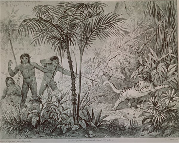 GRABADO-INDIGENAS CAZANDO UN TIGRE EN BRASIL - AMAZONAS
MADRID, COLECCION