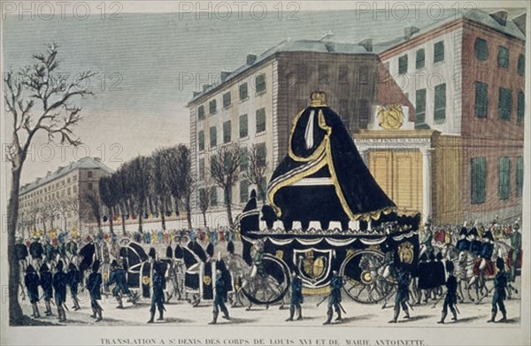 GRABADO-CORTEJO FUNEBRE. TRASLADO A ST. DENIS DE LOS CUERPOS DE LUIS XVI Y MARIA  ANTONIETA
PARIS,