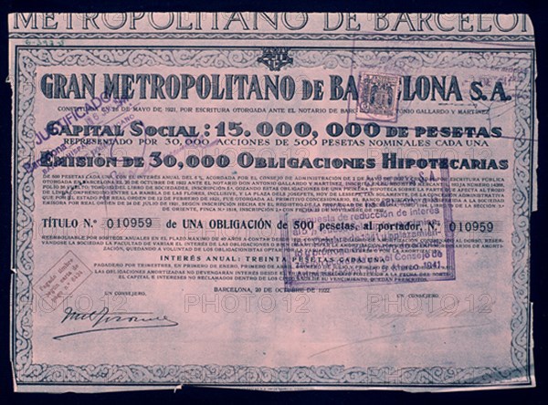 OBLIGACION GRAN METROPOLITANO BARNA 20/OCT/1922
MADRID, CONFEDERACION DE CAJAS