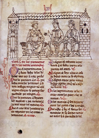 ALFONSO X EL SABIO 1221/84
FUERO JUZGO S XIII-EL REY ALFONSO X  CON DOS PRELADOS-DIBUJO
MURCIA,
