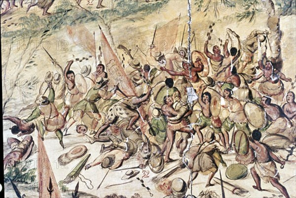 GONZALEZ MIGUEL Y JUAN
CONQUISTA MEXICO-DETALLE- MALTRATAN A  XICOTENCATL-SOCORRO DE