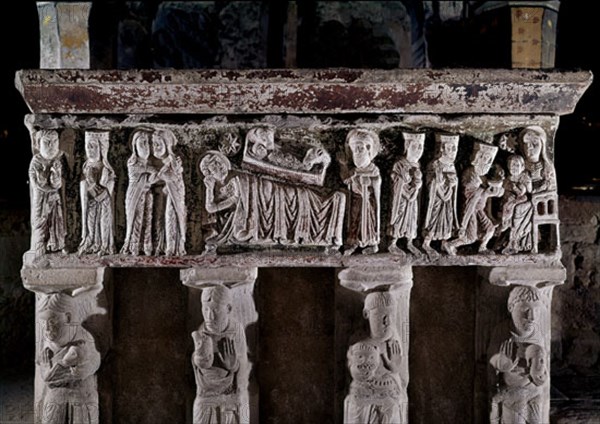 Sepulchre of St Romain, reliefs of Annunciation, Visitation, Nativity and Adoration of the Magi